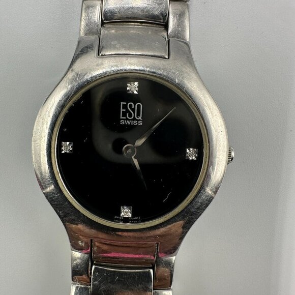 ESQ Swiss Watch Men Silver Tone Black Dial 36MM Round Broken Clasp New Battery - Picture 2 of 14
